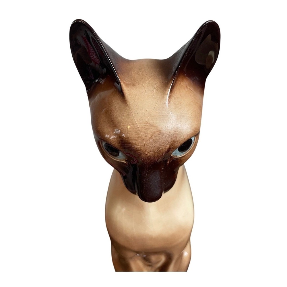 Vintage Ceramic Siamese Cat Figurine Brown Tan Glazed Sitting Tail 11" - Picture 5 of 10